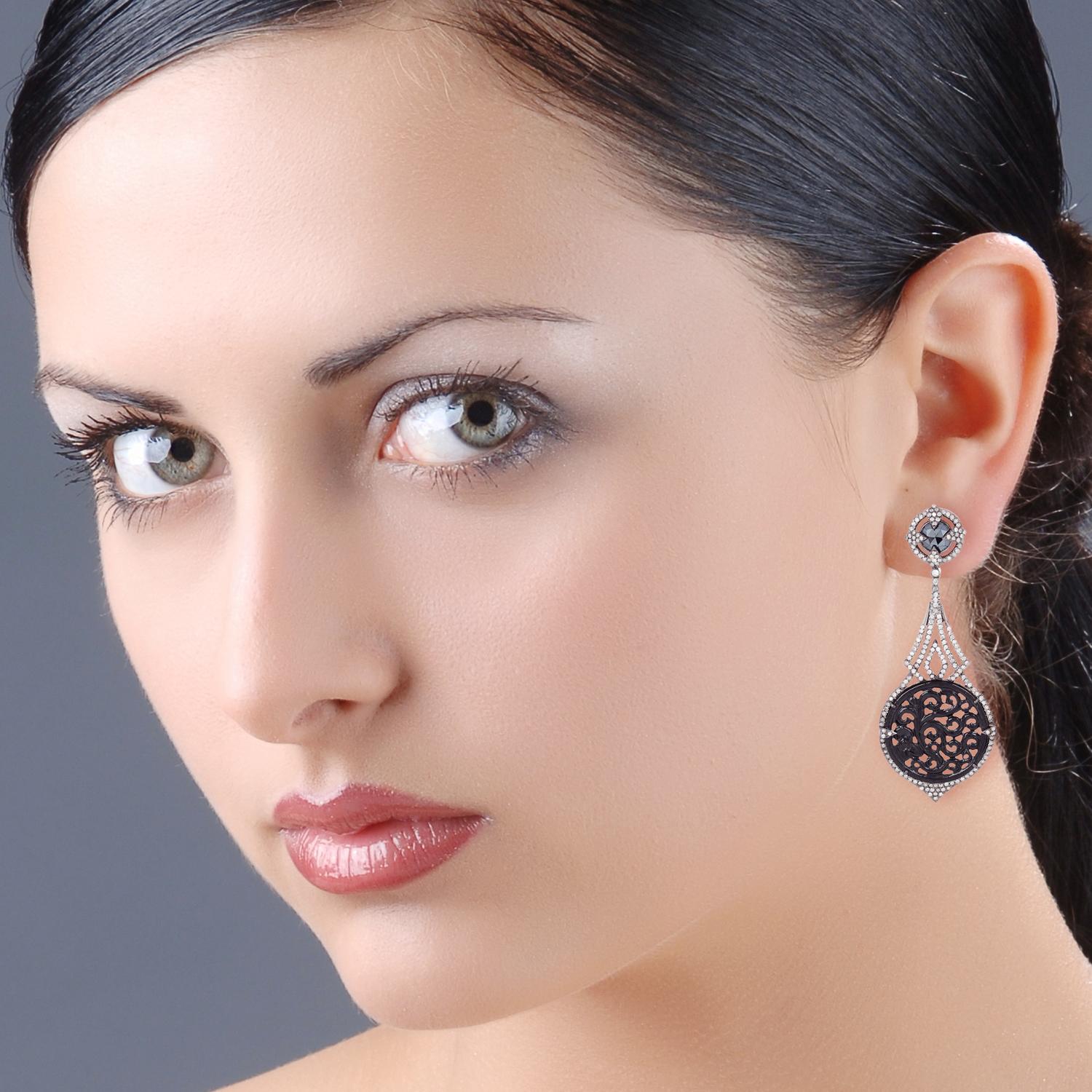 Art Nouveau Carved Jade & Black Spinel Earring With Diamonds Made In 18k Gold & Silver For Sale