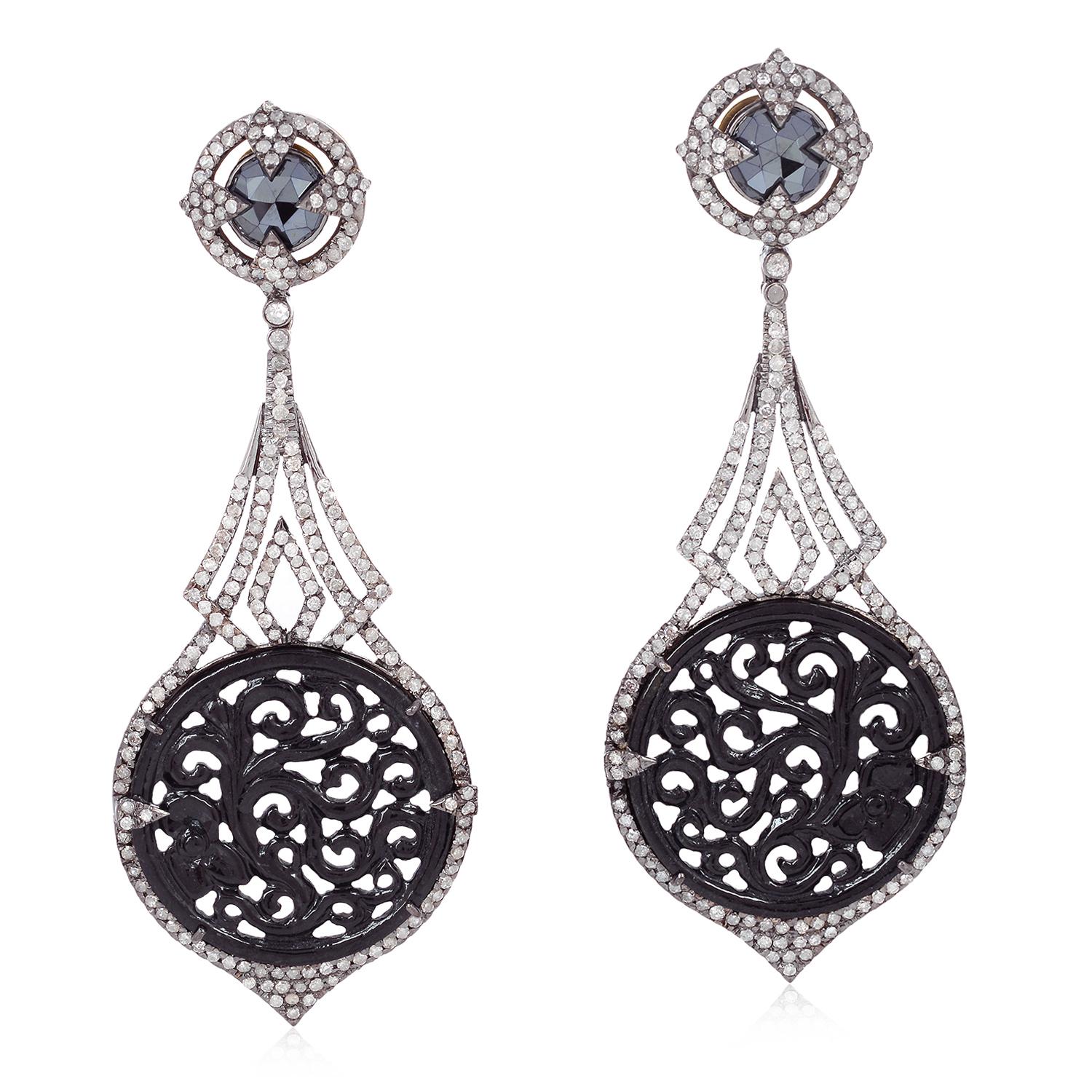 Mixed Cut Carved Jade & Black Spinel Earring With Diamonds Made In 18k Gold & Silver For Sale