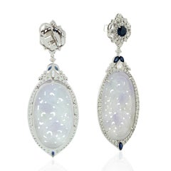 Carved Jade Blue Sapphire 18 Karat Gold Diamond Earrings