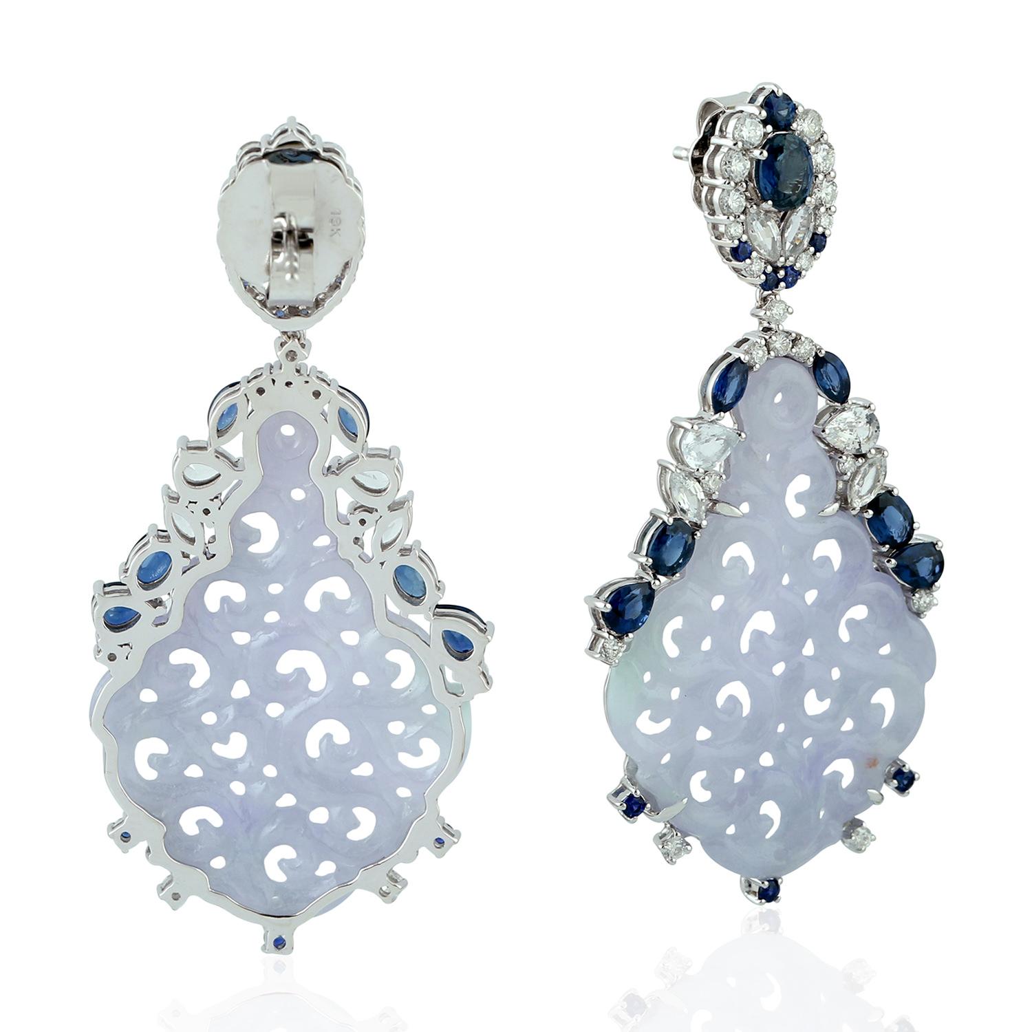 Artisan Carved Jade Blue Sapphire 18 Karat Gold Diamond Earrings For Sale