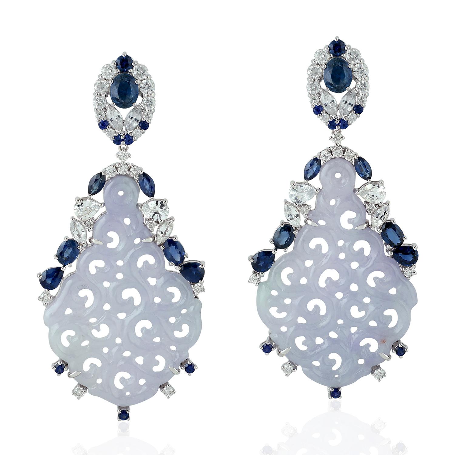 Mixed Cut Carved Jade Blue Sapphire 18 Karat Gold Diamond Earrings For Sale