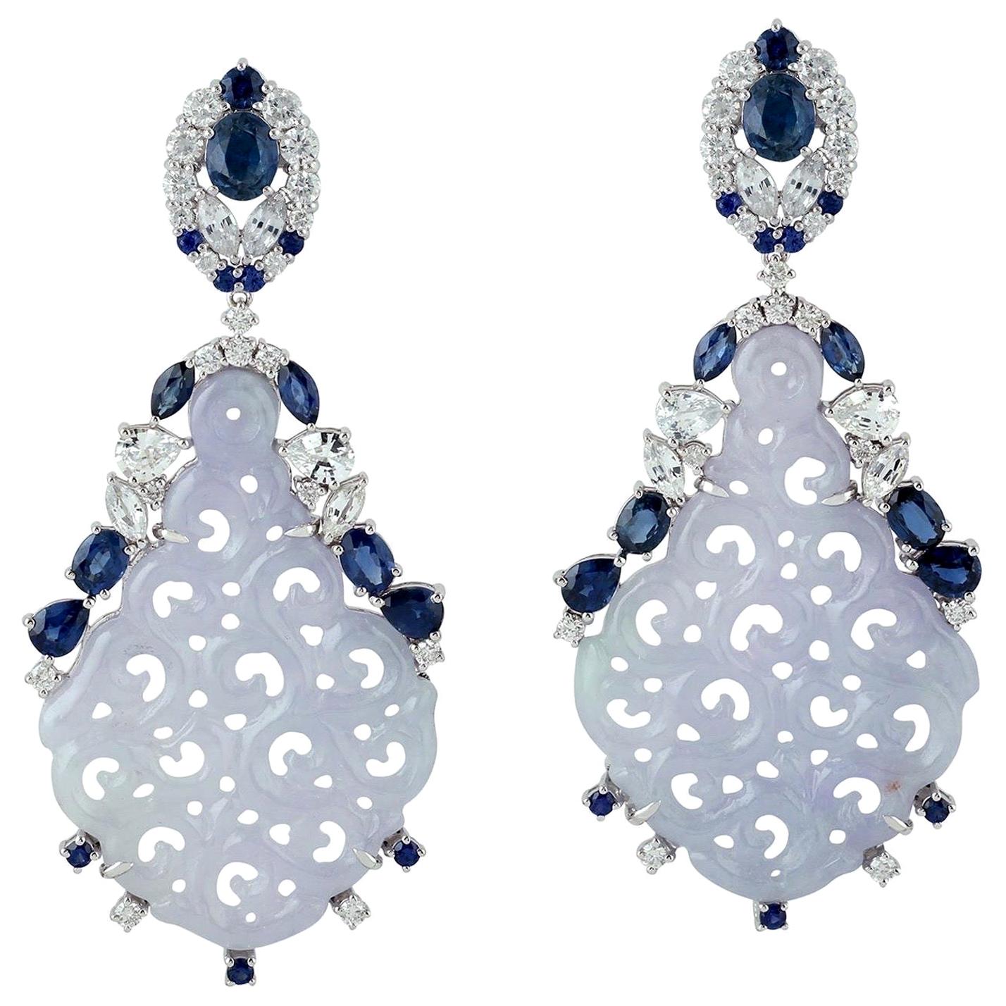 Carved Jade Blue Sapphire 18 Karat Gold Diamond Earrings