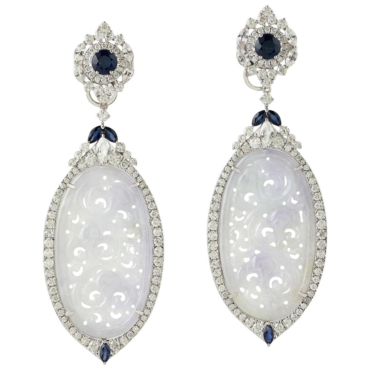 Carved Jade Blue Sapphire 18 Karat Gold Diamond Earrings
