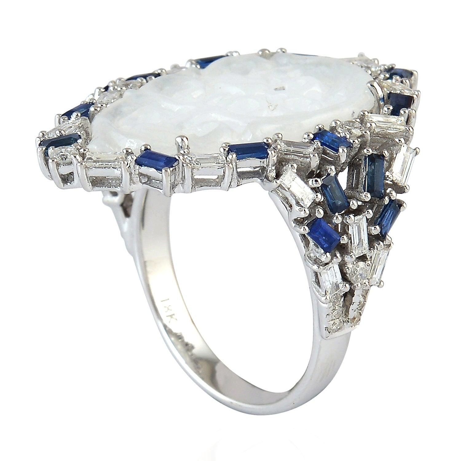 For Sale:  Carved Jade Blue Sapphire 18 Karat Gold Diamond Ring 2