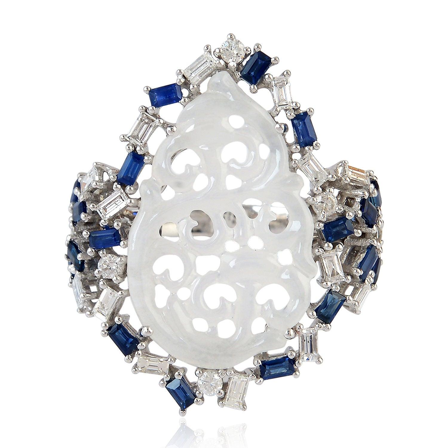 For Sale:  Carved Jade Blue Sapphire 18 Karat Gold Diamond Ring 3