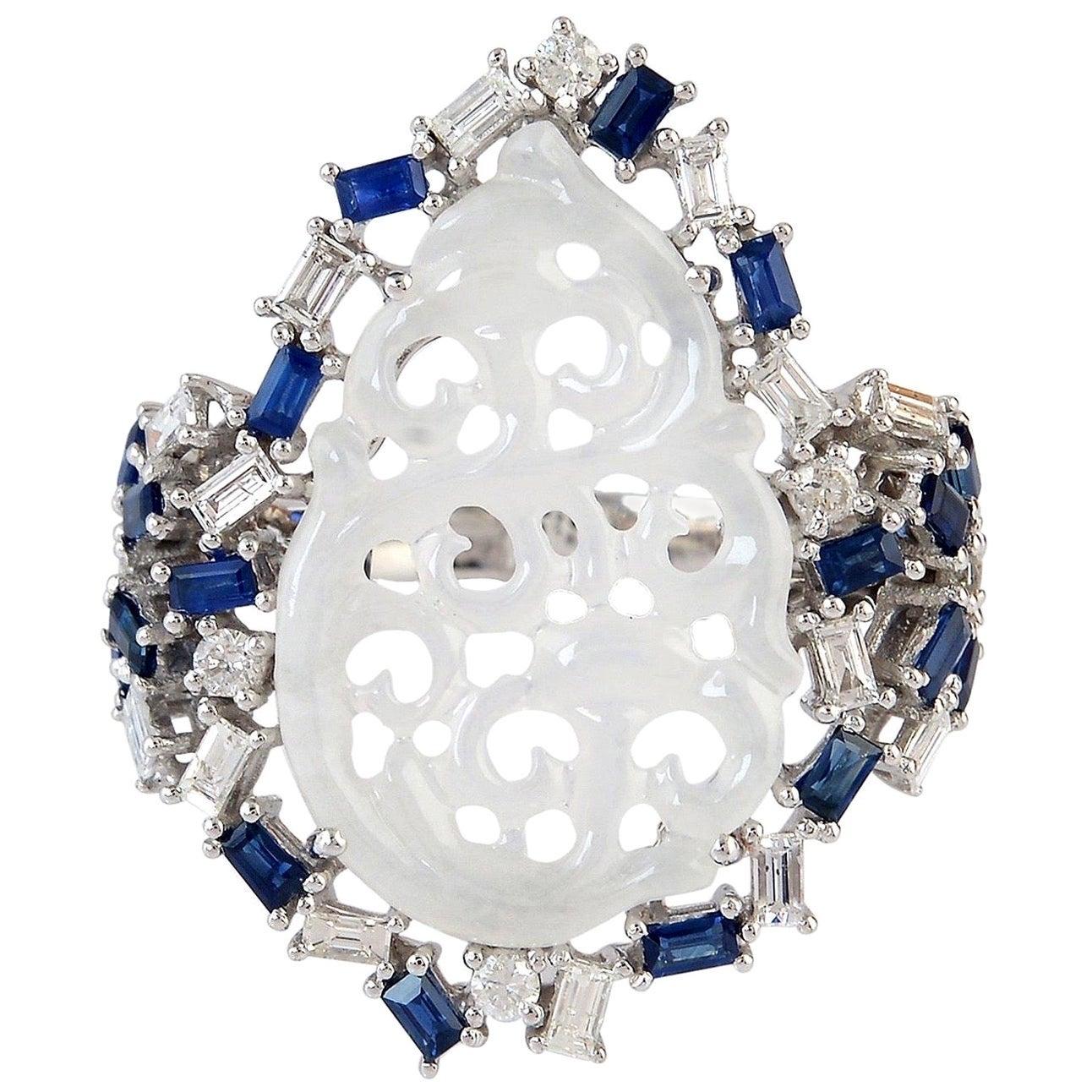 For Sale:  Carved Jade Blue Sapphire 18 Karat Gold Diamond Ring