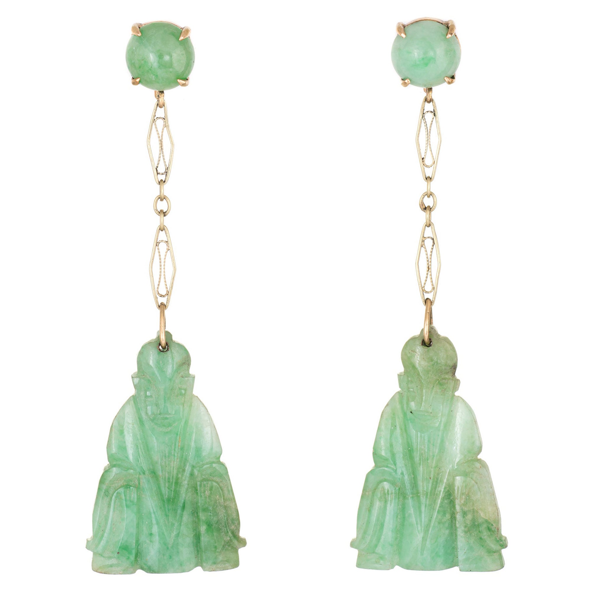 Boucles d'oreilles boucles d'oreilles Bouddha en jade sculpté vintage en or jaune 14 carats, bijou de succession