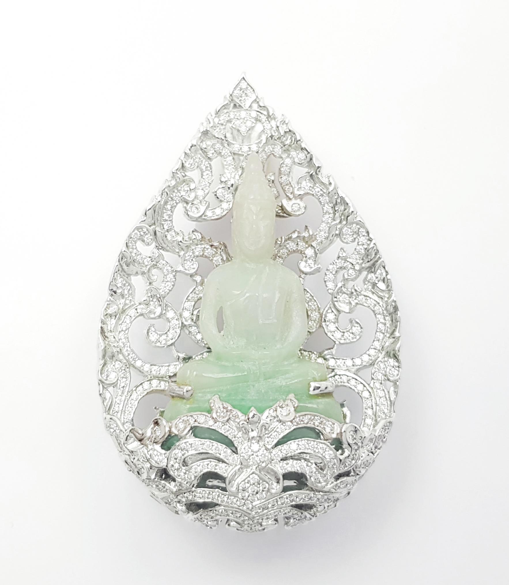 Geschnitzter Jade-Buddha mit Diamant-Anhänger/Brosche in 18K Weißgoldfassung im Angebot 3