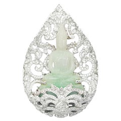 Carved Jade Buddha with Diamond Pendant/Brooch set in 18K White Gold Settings