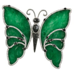 Carved Jade Butterfly Pendant Cum Brooch With Black & White Diamonds In 18k Gold