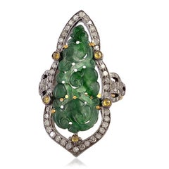 Carved Jade Cocktail Ring With Diamonds Made In 18k Yellow Gold & Silver