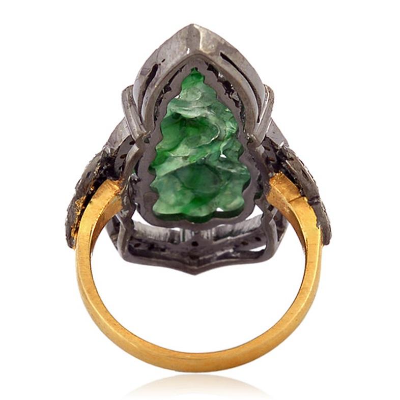 Mixed Cut Carved Jade Cocktail Ring With Diamonds Made In 18k Yellow Gold & Silver For Sale