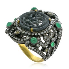 Carved Jade Cocktail Ring with Emerald & Pave Diamond Made in Gold & Silver