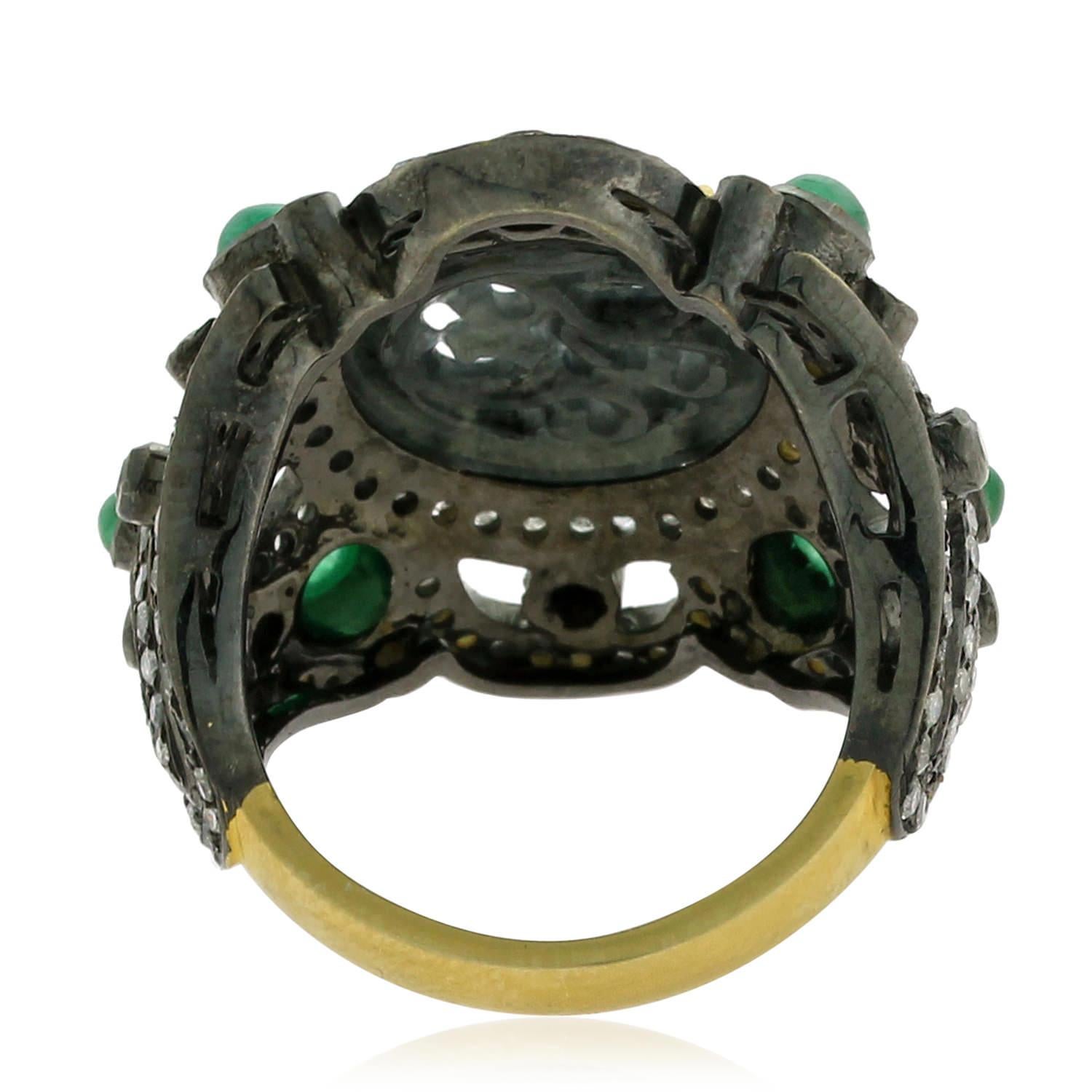 Modern Carved Jade Cocktail Ring with Emerald & Pave Diamond Made in Gold & Silver For Sale