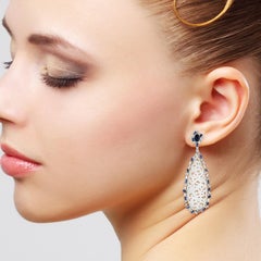 Carved Jade Dangle Earring with Baguette Diamond & Sapphire in 18K White Gold