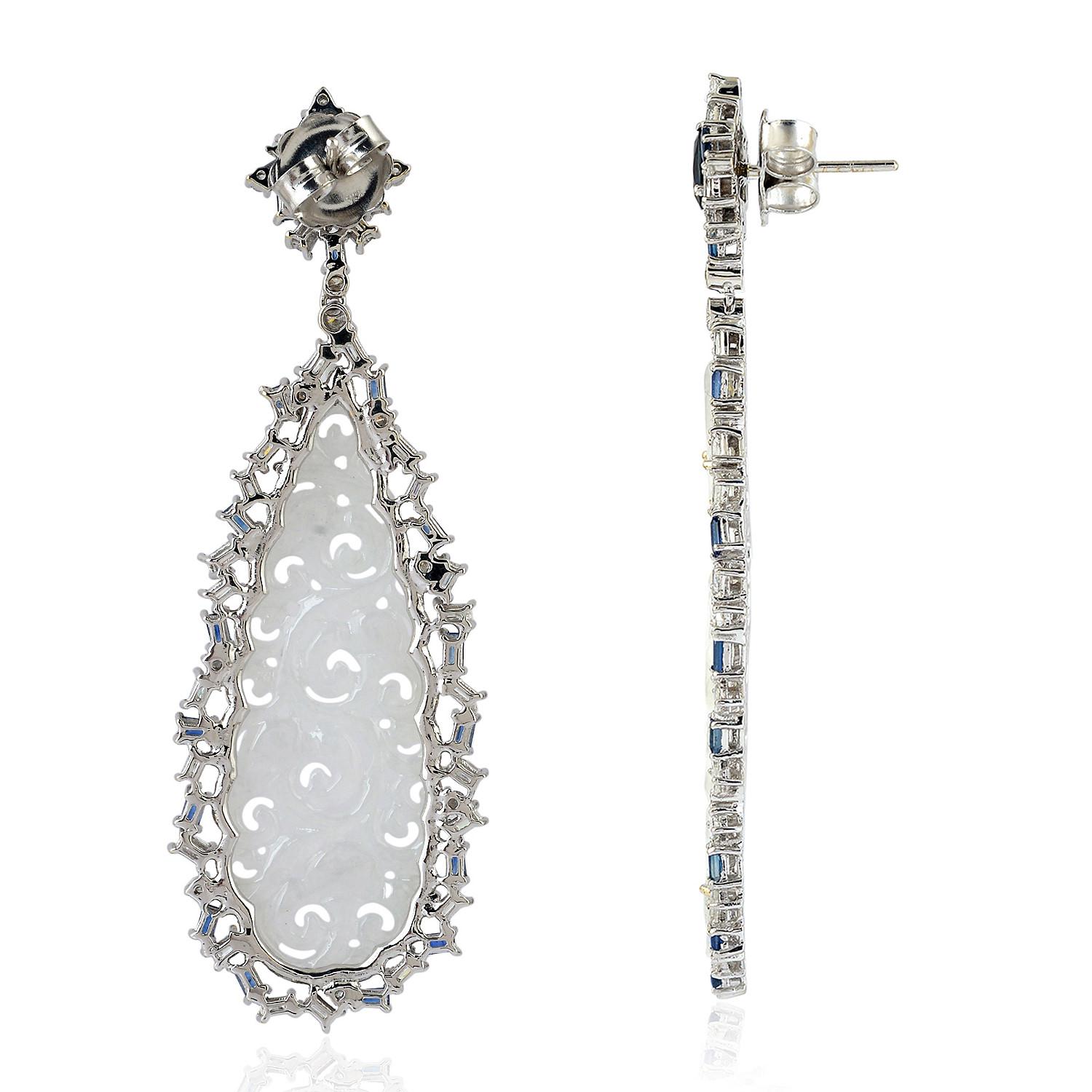 Art Deco Carved Jade Dangle Earring with Baguette Diamond & Sapphire in 18K White Gold For Sale