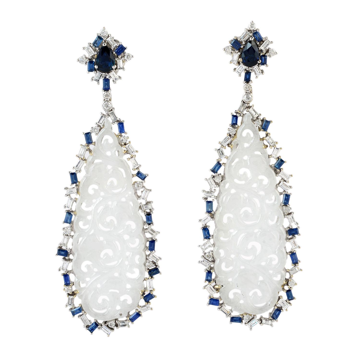 Mixed Cut Carved Jade Dangle Earring with Baguette Diamond & Sapphire in 18K White Gold For Sale