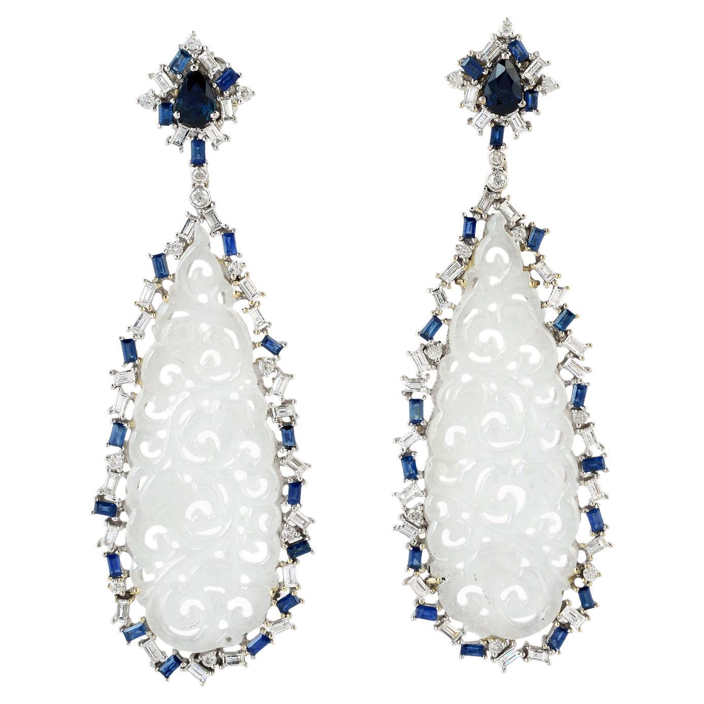 Carved Jade Dangle Earring with Baguette Diamond & Sapphire in 18K White Gold For Sale