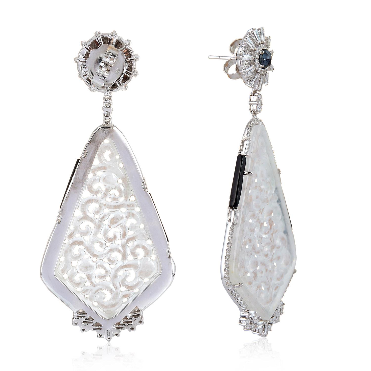 Art Deco Carved White Jade Dangle Earring with Multi-Gemstone & Diamonds in 18k Gold For Sale