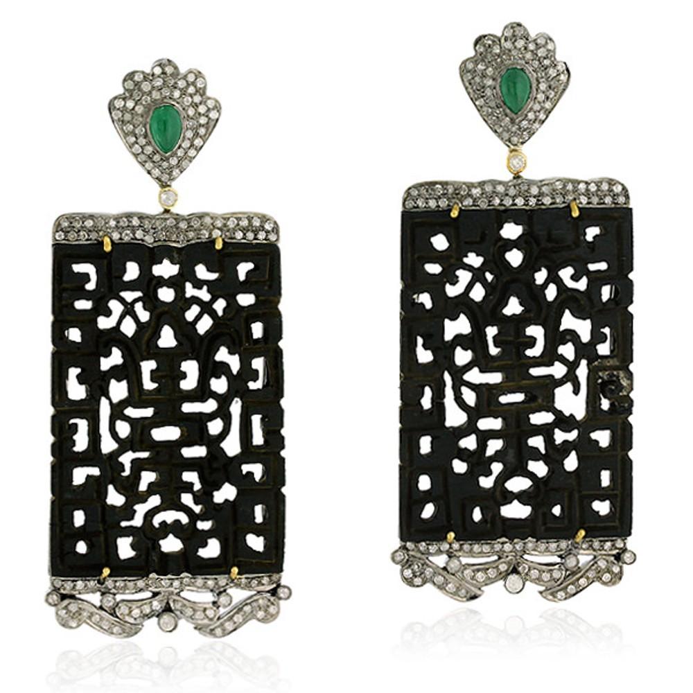 Mixed Cut Carved Jade Dangle Earrings with Emerald & Pave Diamonds in 18k Gold & Silver For Sale