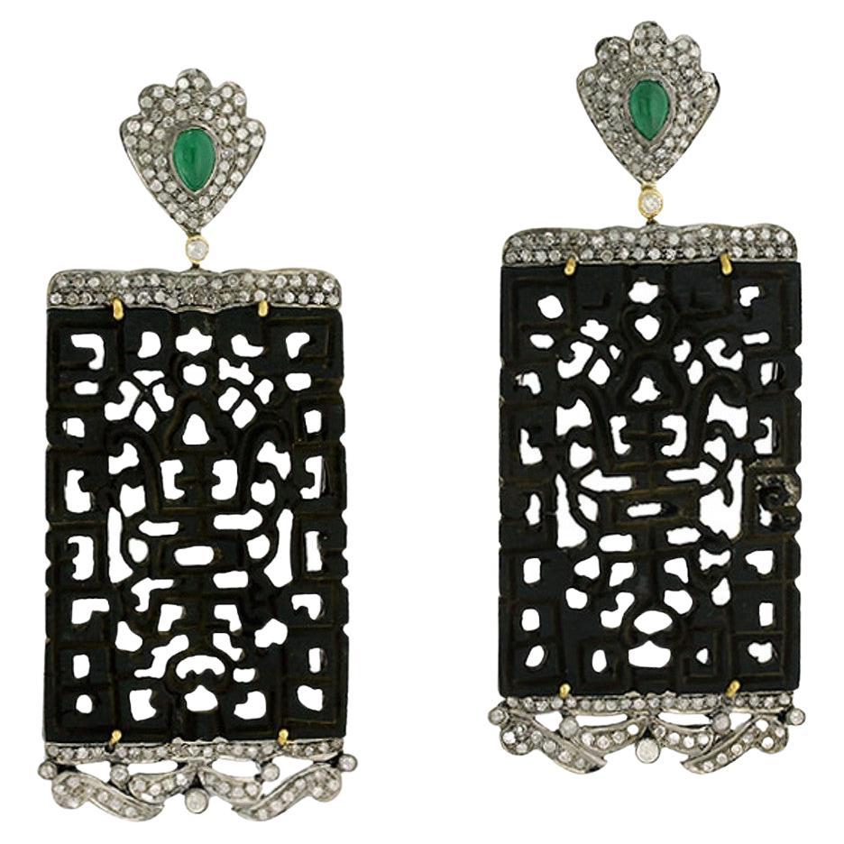 Carved Jade Dangle Earrings with Emerald & Pave Diamonds in 18k Gold & Silver For Sale