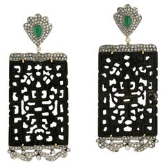 Carved Jade Dangle Earrings with Emerald & Pave Diamonds in 18k Gold & Silver