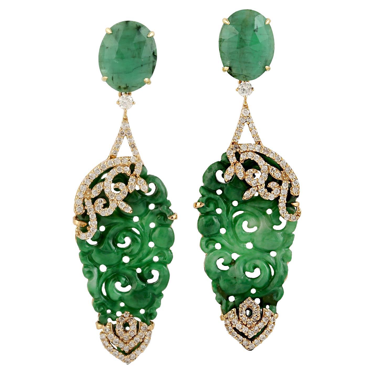 Carved Jade Dangle Earrings With Oval Shaped Tourmaline In 18k Gold For Sale