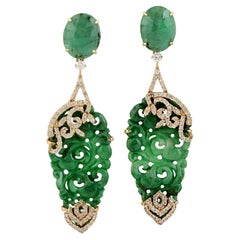 Carved Jade Dangle Earrings With Oval Shaped Tourmaline In 18k Gold