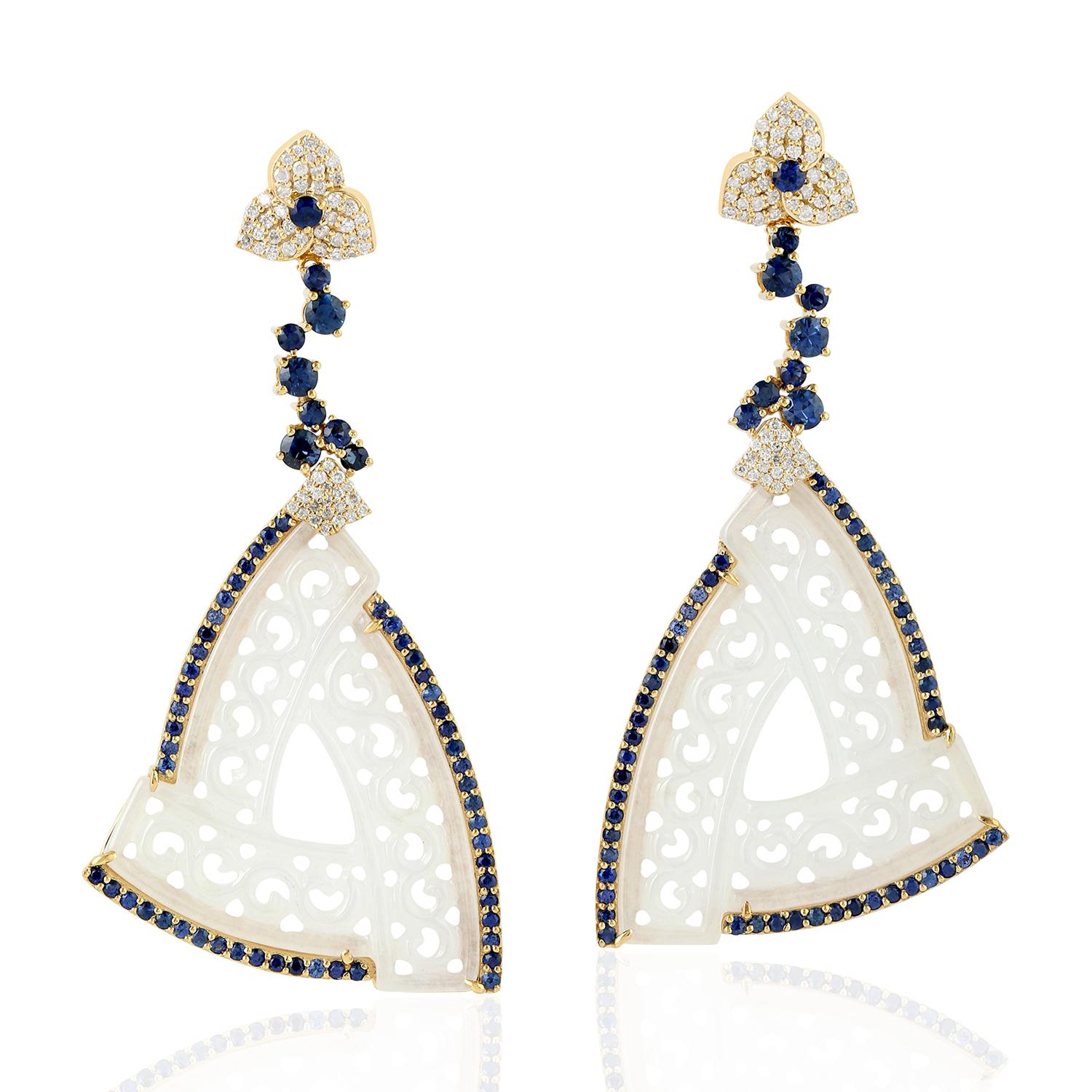 Mixed Cut Carved Trillion Shaped White Jade Dangle Earrings with Round Cut Blue Sapphire For Sale