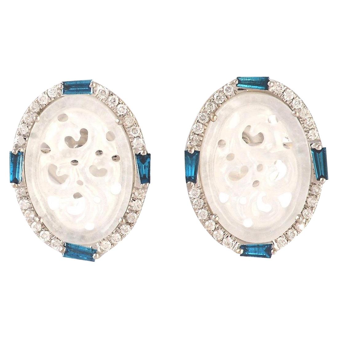 Carved Jade Diamond 18 Karat Gold Stud Earrings For Sale