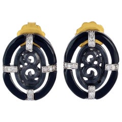 Carved Jade Diamond 18 Karat Gold Stud Earrings