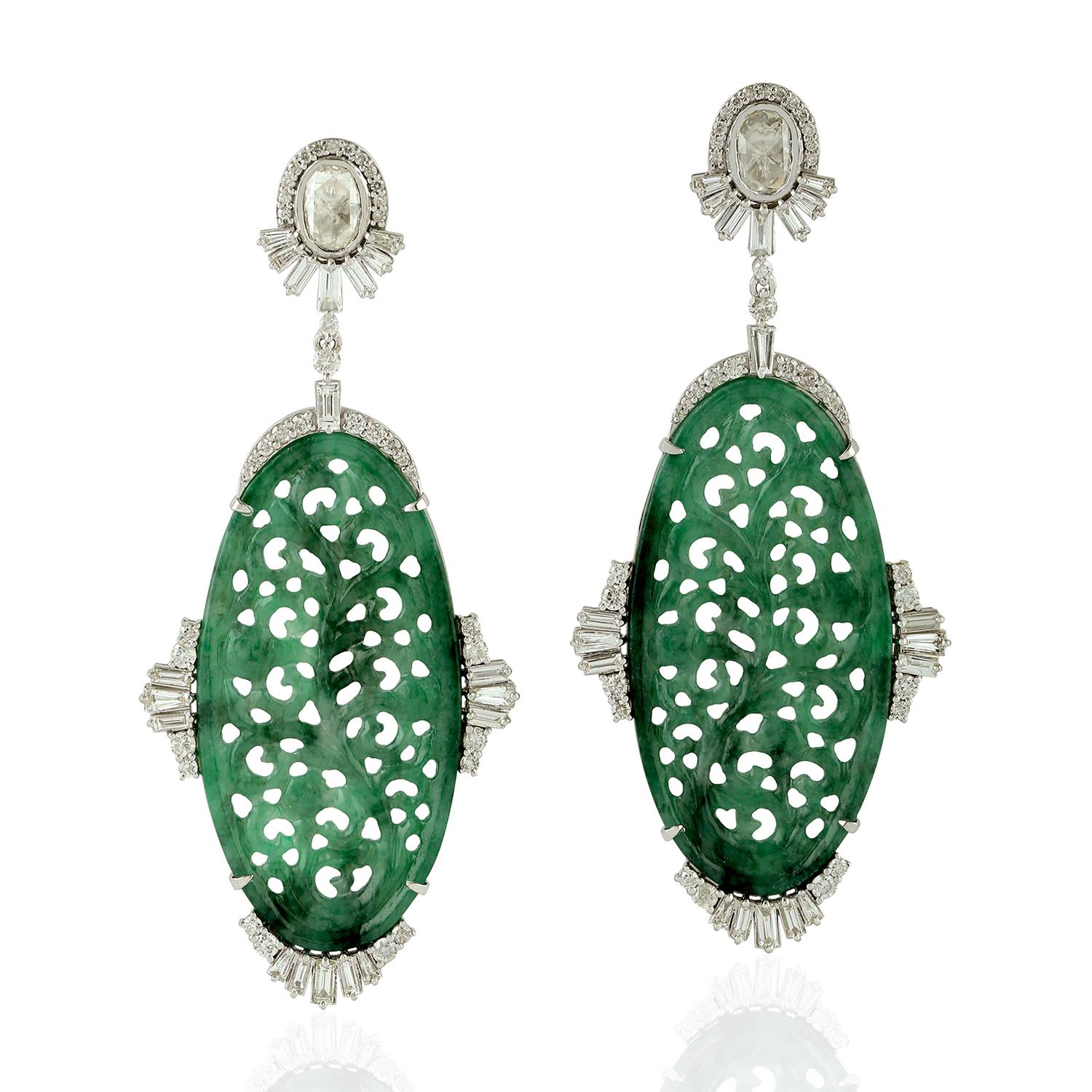 Mixed Cut Carved Jade Diamond 18 Karat Gold Earrings For Sale