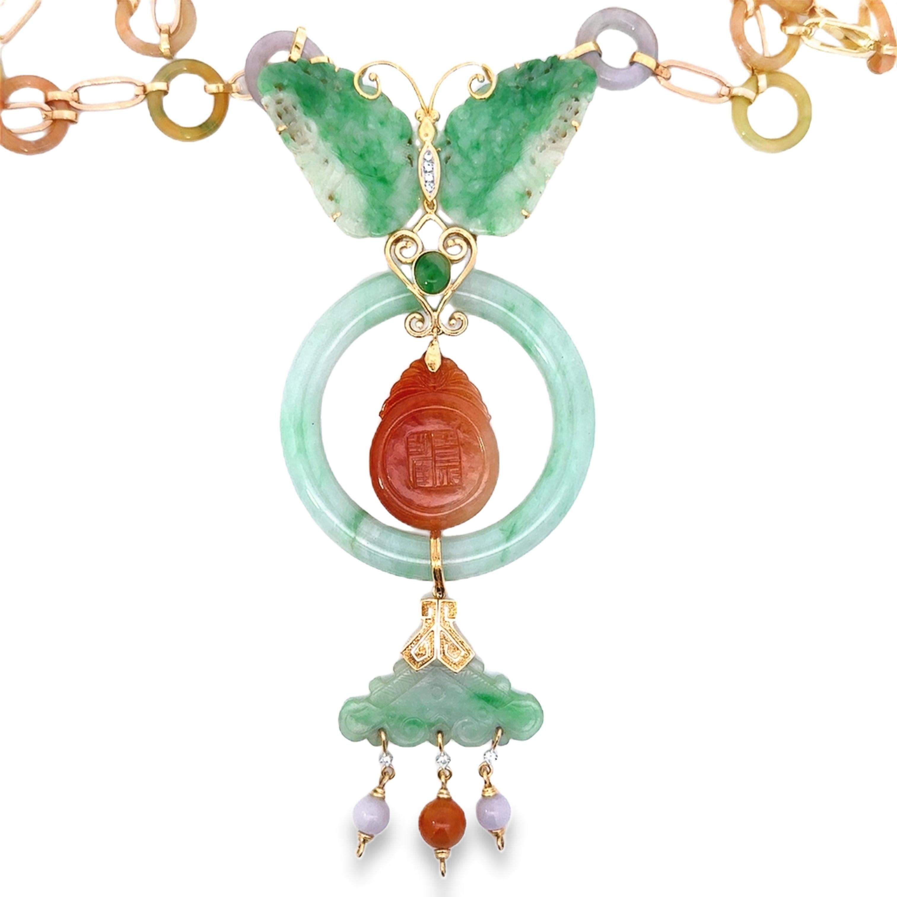 Modern Carved Jade, Diamond and 14K Gold Vintage Butterfly Necklace For Sale