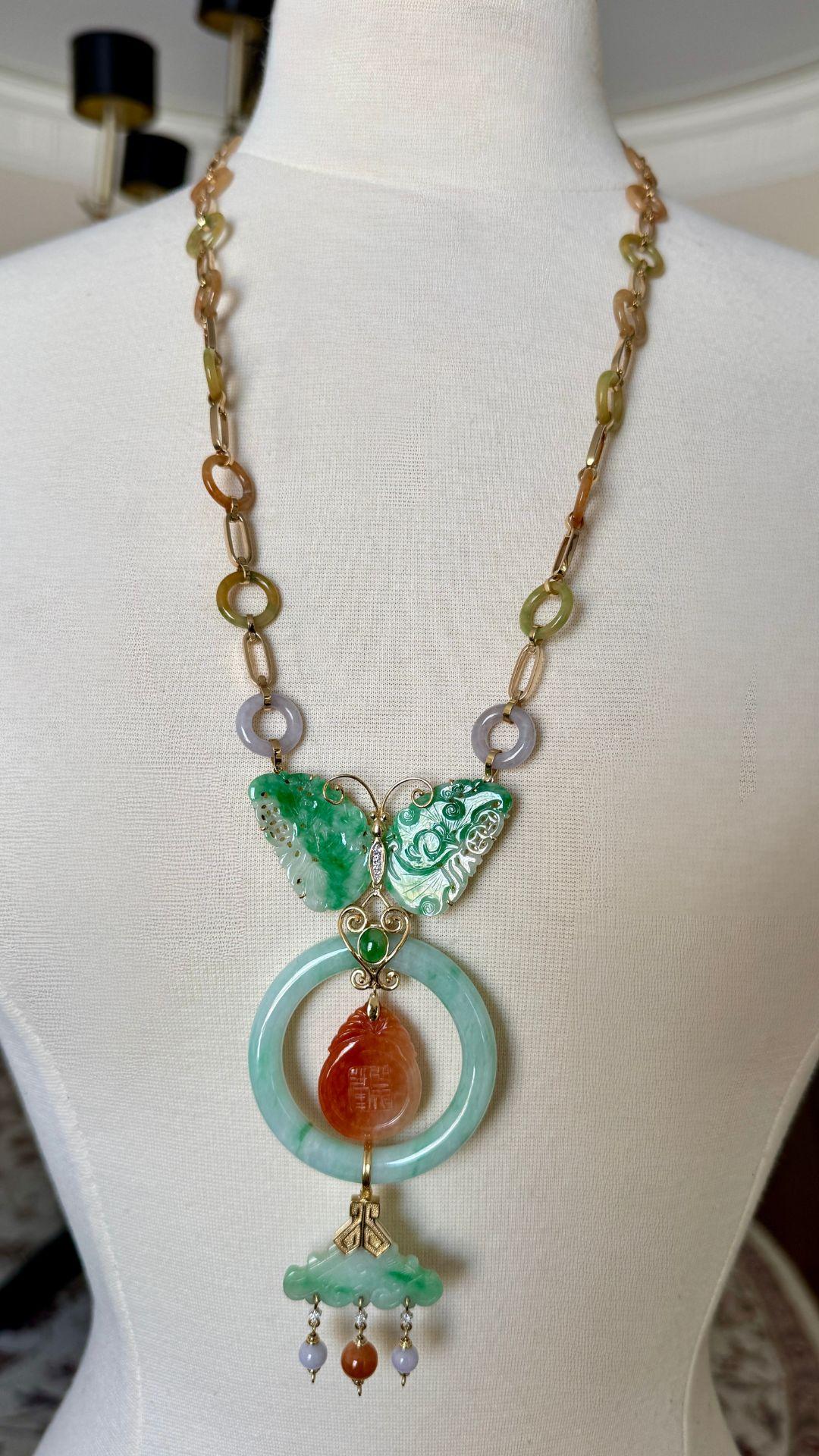 Mixed Cut Carved Jade, Diamond and 14K Gold Vintage Butterfly Necklace For Sale
