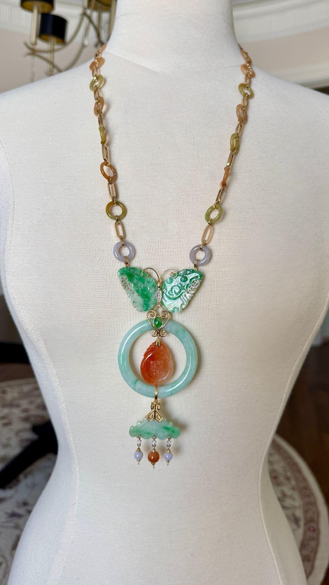 Carved Jade, Diamond and 14K Gold Vintage Butterfly Necklace In Good Condition For Sale In Derby, NY