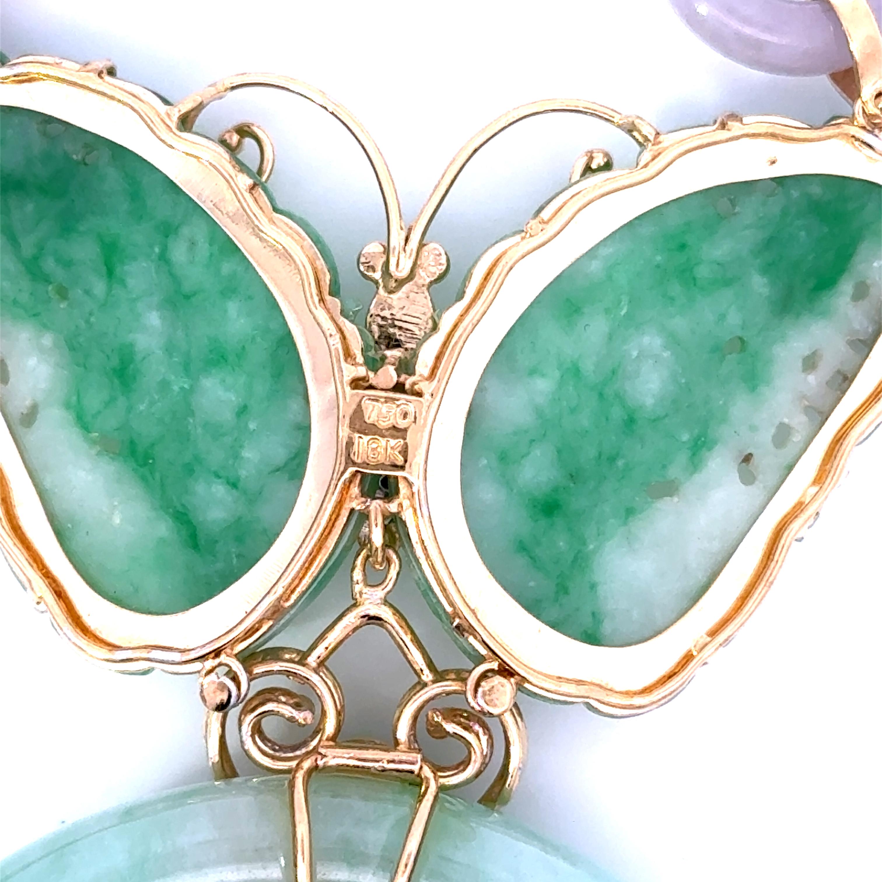 Women's Carved Jade, Diamond and 14K Gold Vintage Butterfly Necklace For Sale