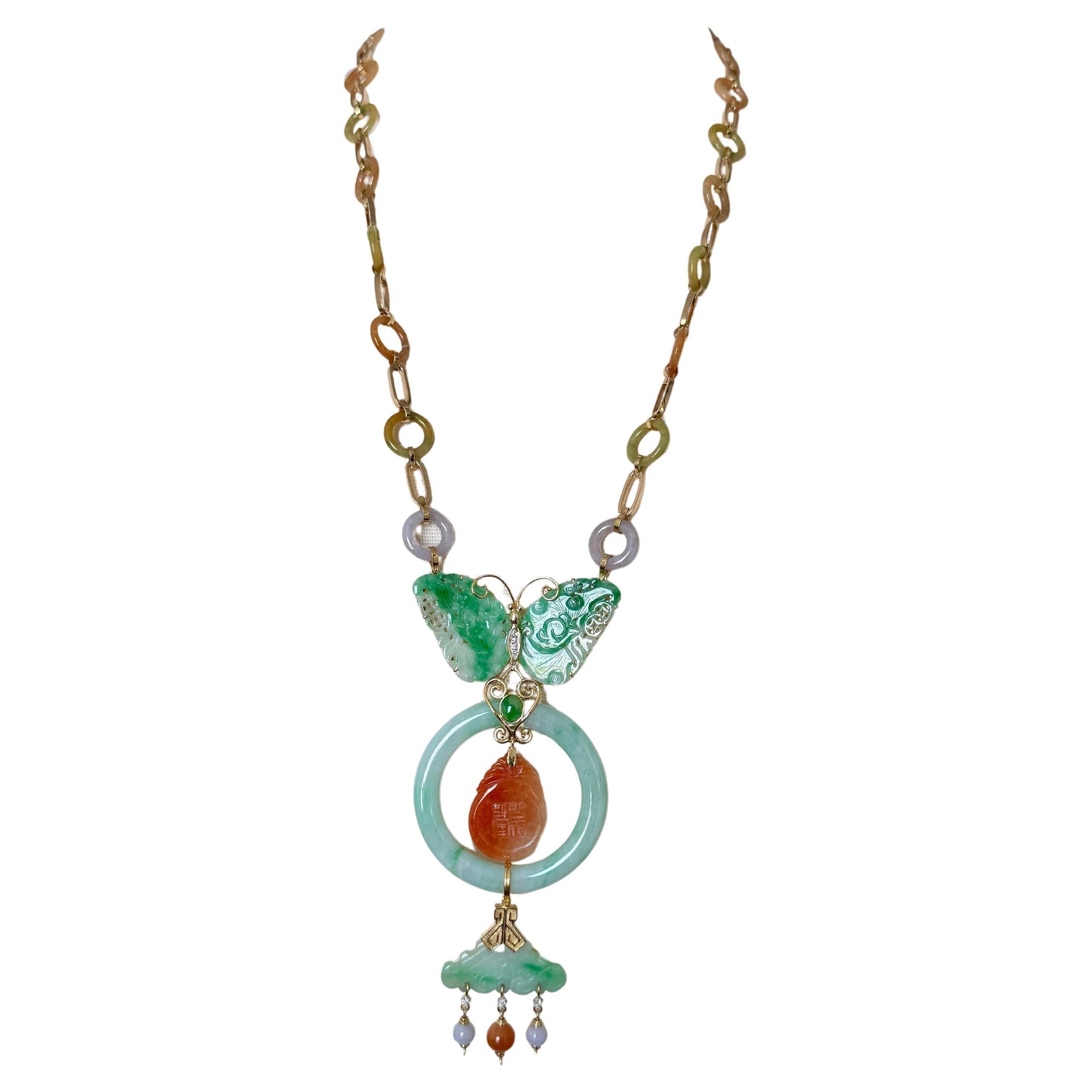 Carved Jade, Diamond and 14K Gold Vintage Butterfly Necklace For Sale