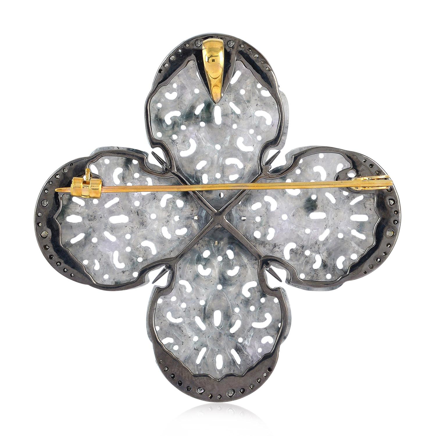 Cast in 18 Karat gold & sterling silver, this stunning brooch is hand set in 42.85 carats carved jade, .25 carats sapphire and 1.2 carats of sparkling diamonds.

FOLLOW  MEGHNA JEWELS storefront to view the latest collection & exclusive pieces. 