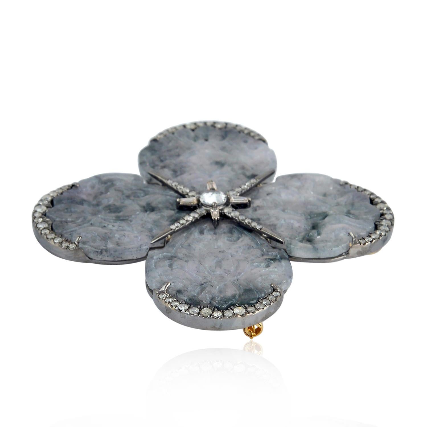 Artisan Carved Jade Diamond Brooch For Sale