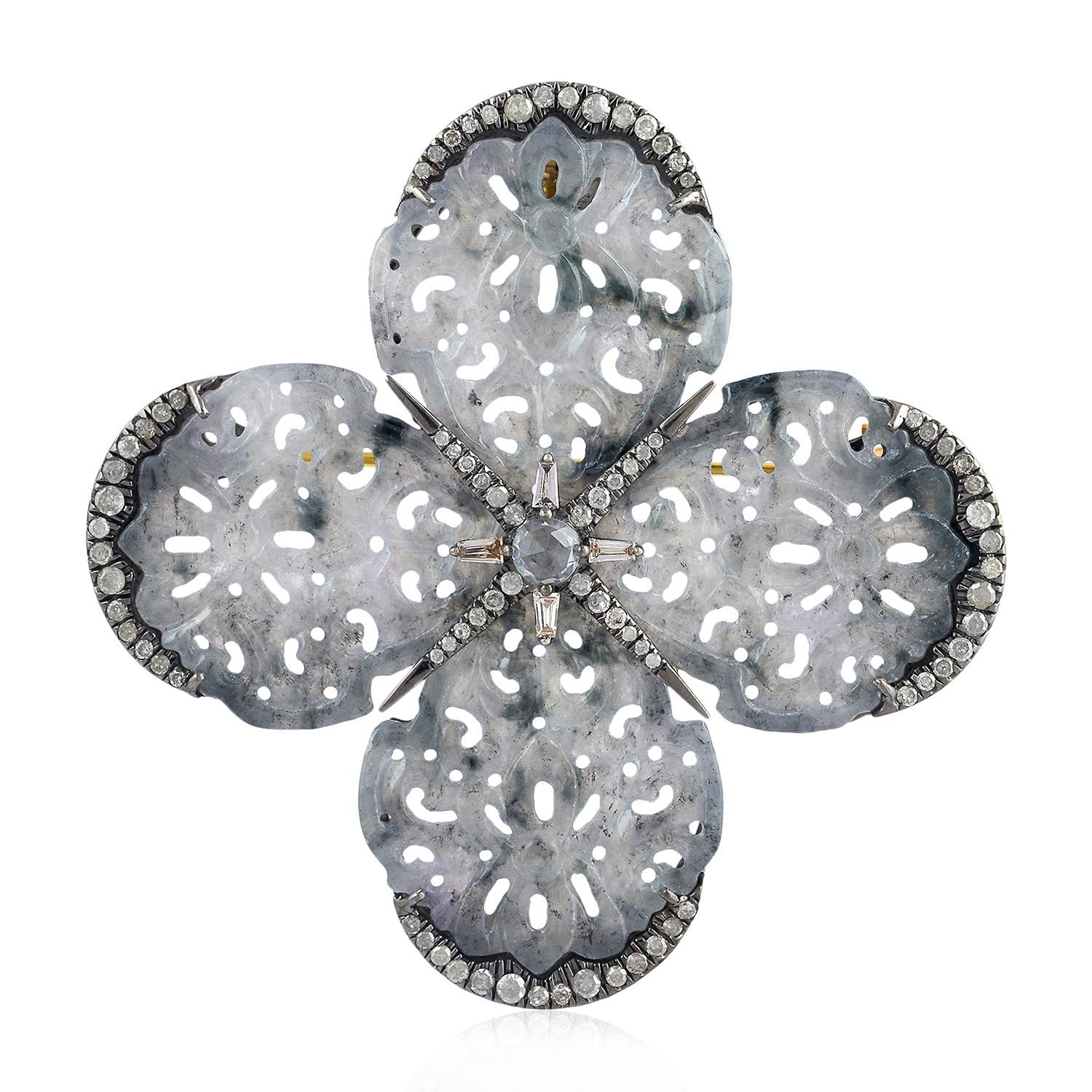 Mixed Cut Carved Jade Diamond Brooch For Sale