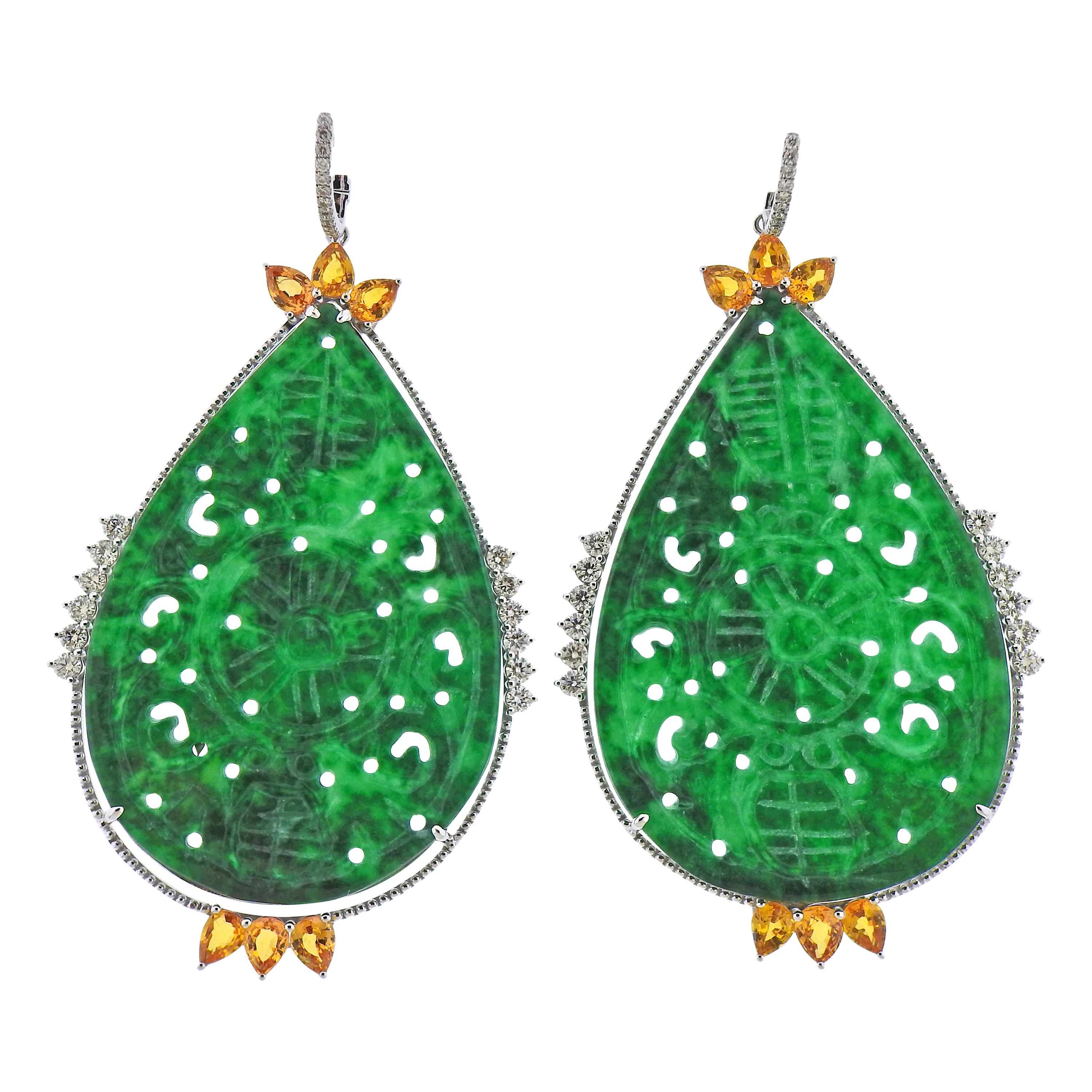 Carved Jade Diamond Citrine Gold Drop Earrings For Sale