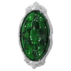 Antique Carved Jade Diamond Eagle Pin GIA Certified