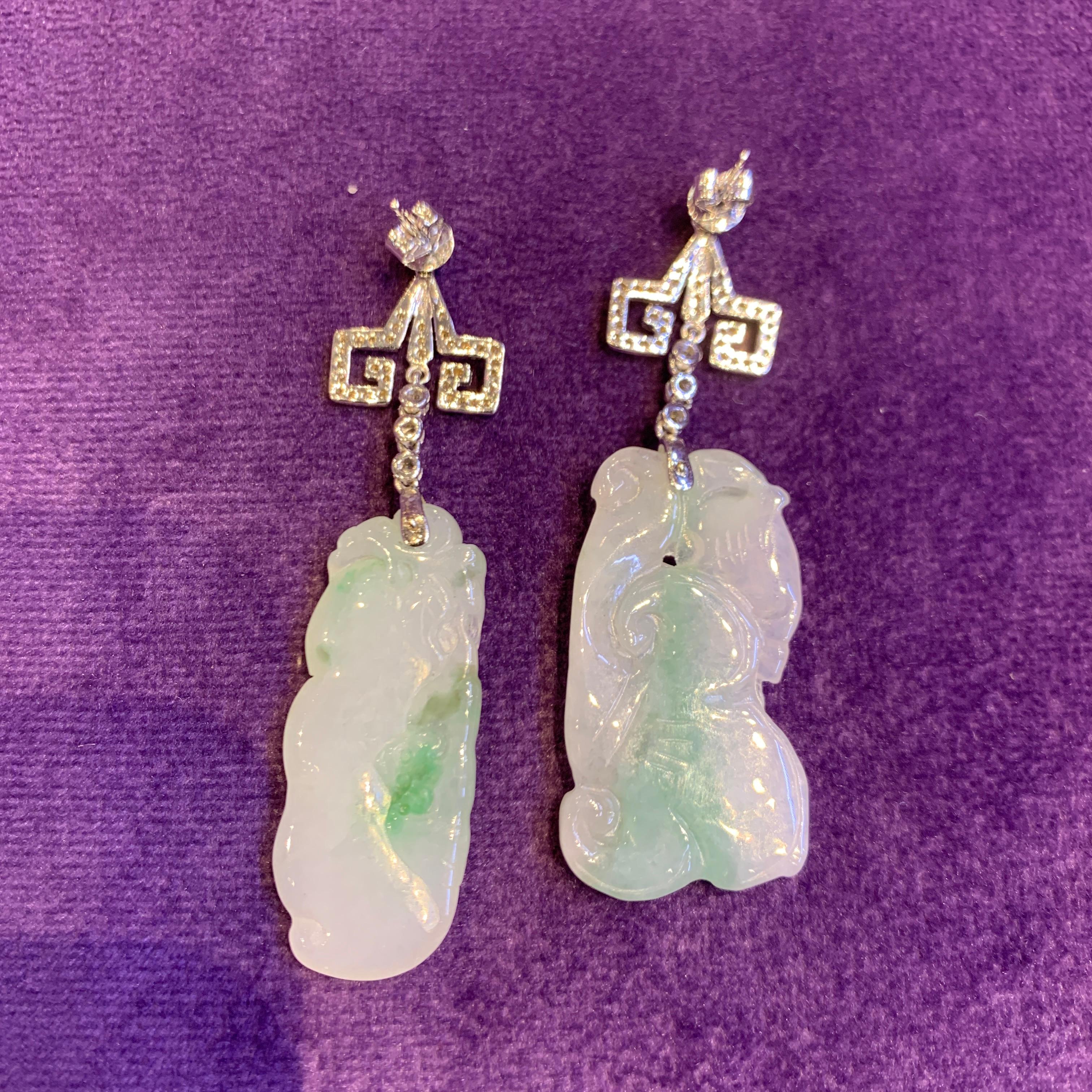 Carved Jade & Diamond Earrings For Sale 5