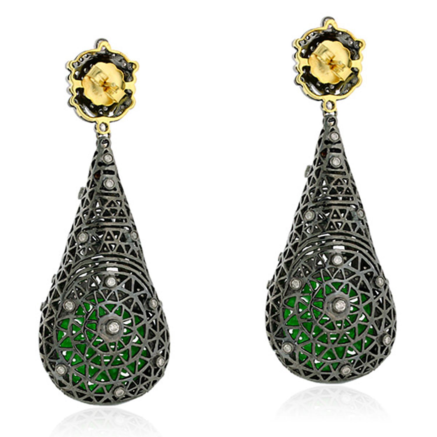 These hand carved Jade earrings are crafted in 18-karat white and sterling silver. It is set in 9.4 carats Jade and 7.3 carats of sparkling diamonds.

FOLLOW  MEGHNA JEWELS storefront to view the latest collection & exclusive pieces.  Meghna Jewels