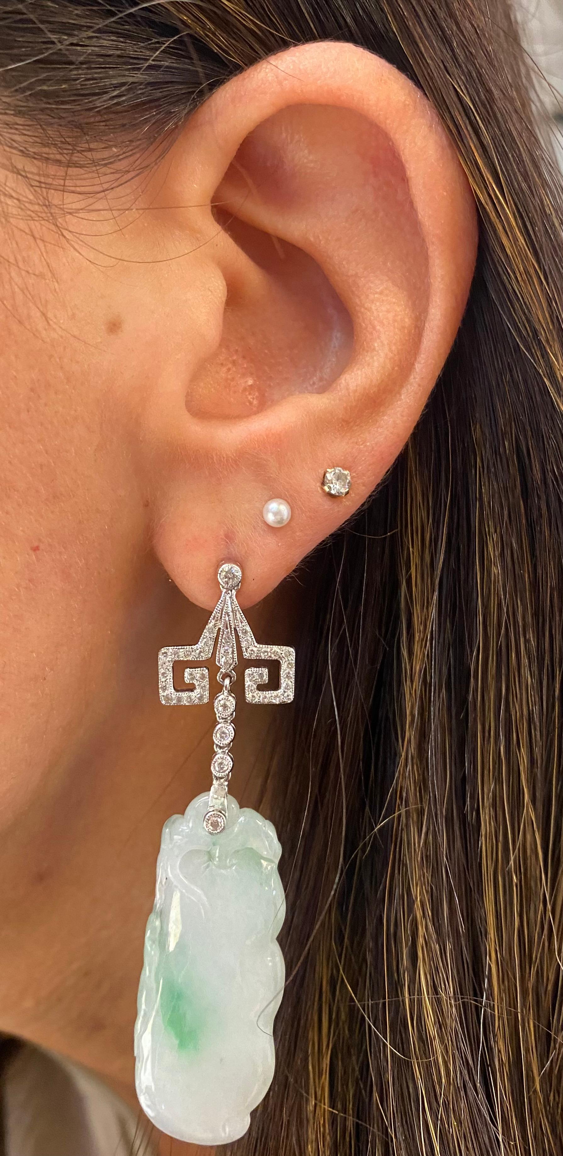 Uncut Carved Jade & Diamond Earrings For Sale