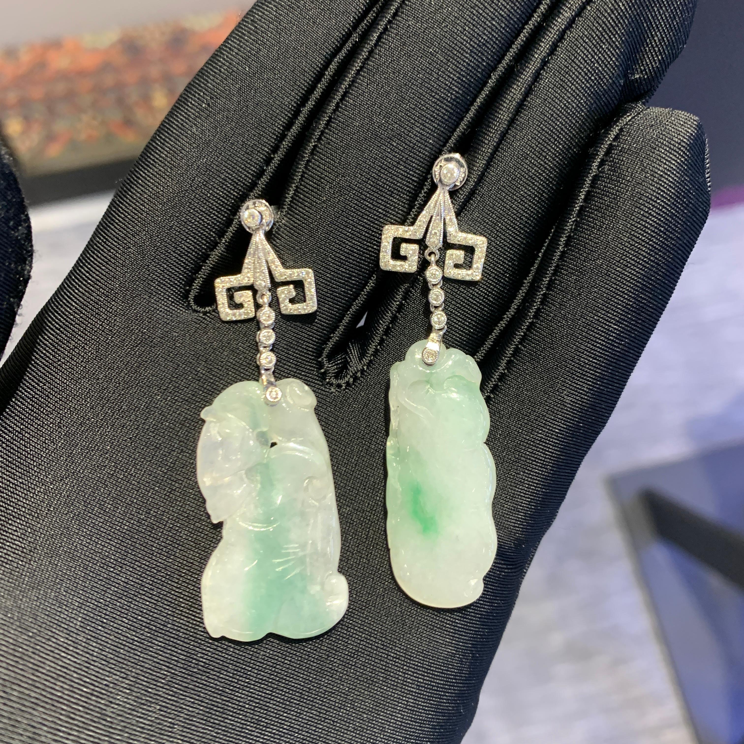 Carved Jade & Diamond Earrings In Excellent Condition For Sale In New York, NY
