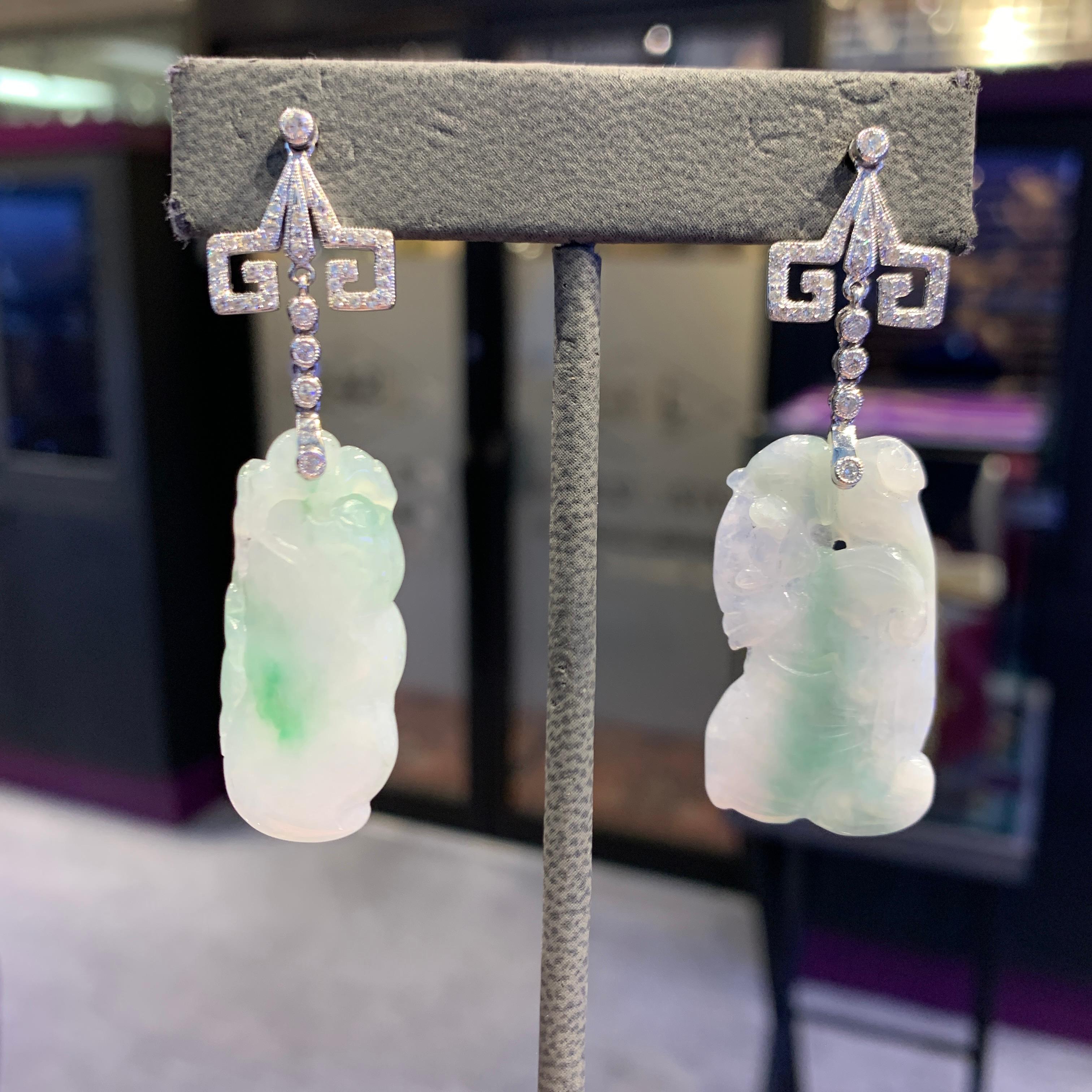 Women's Carved Jade & Diamond Earrings For Sale
