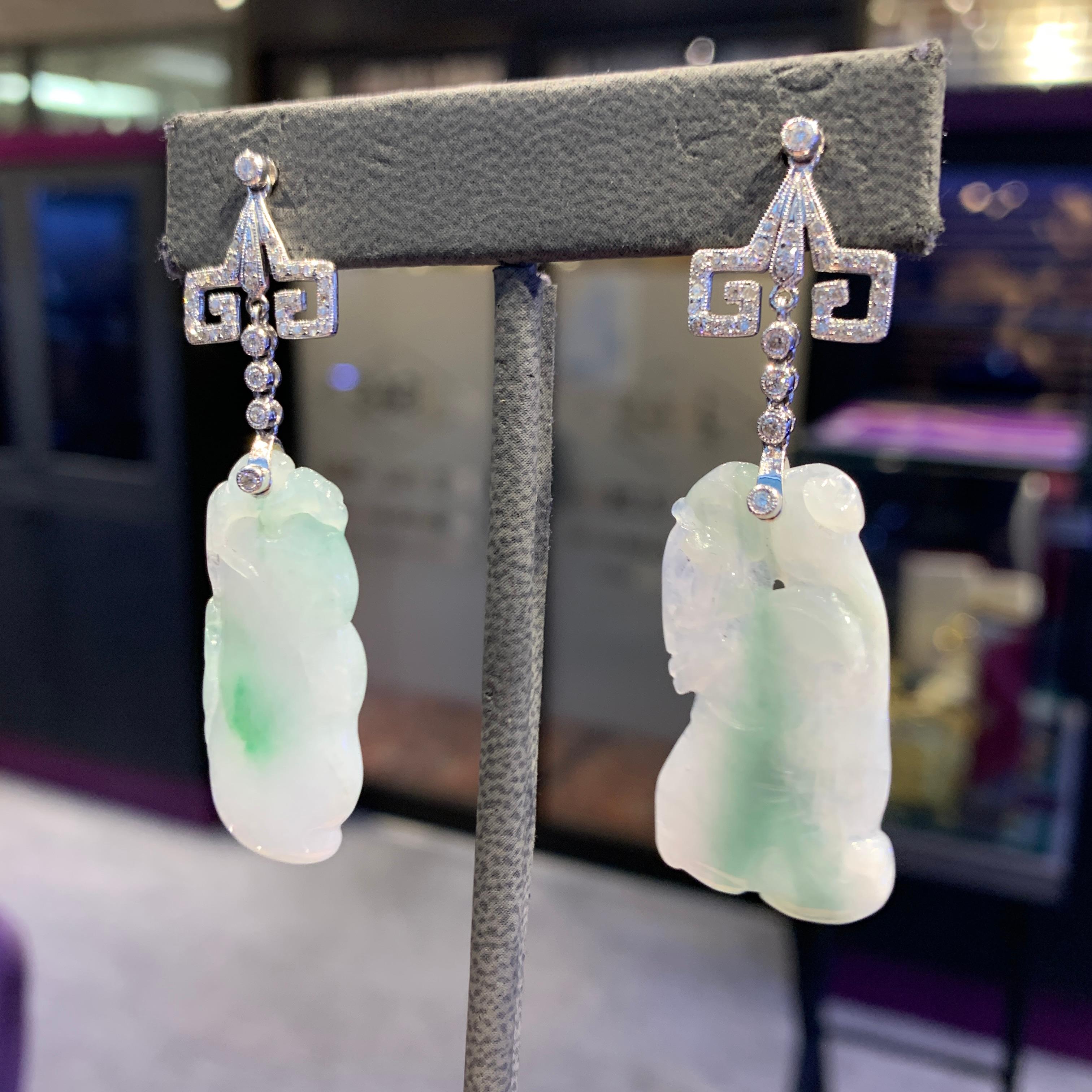 Carved Jade & Diamond Earrings For Sale 1