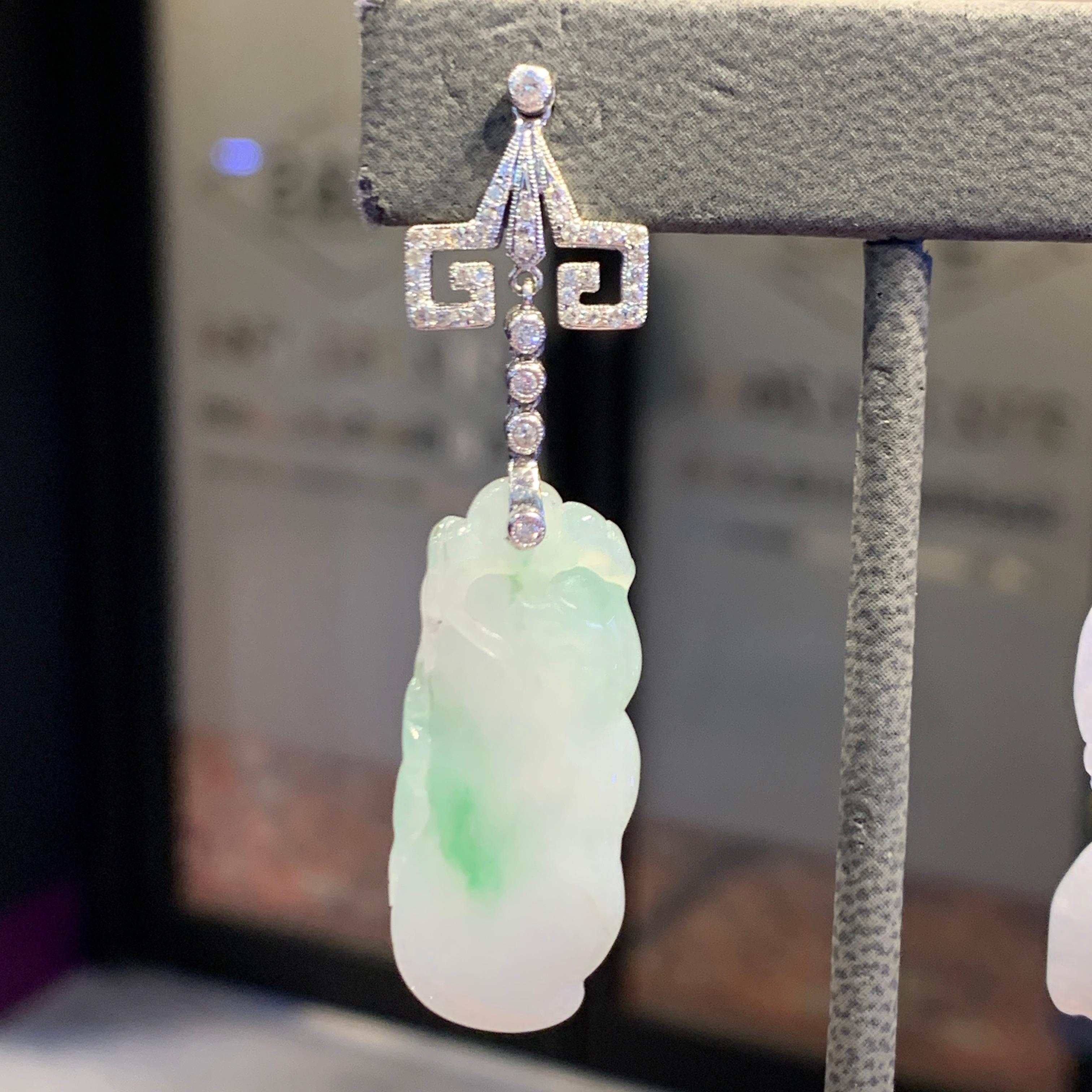 Carved Jade & Diamond Earrings For Sale 3