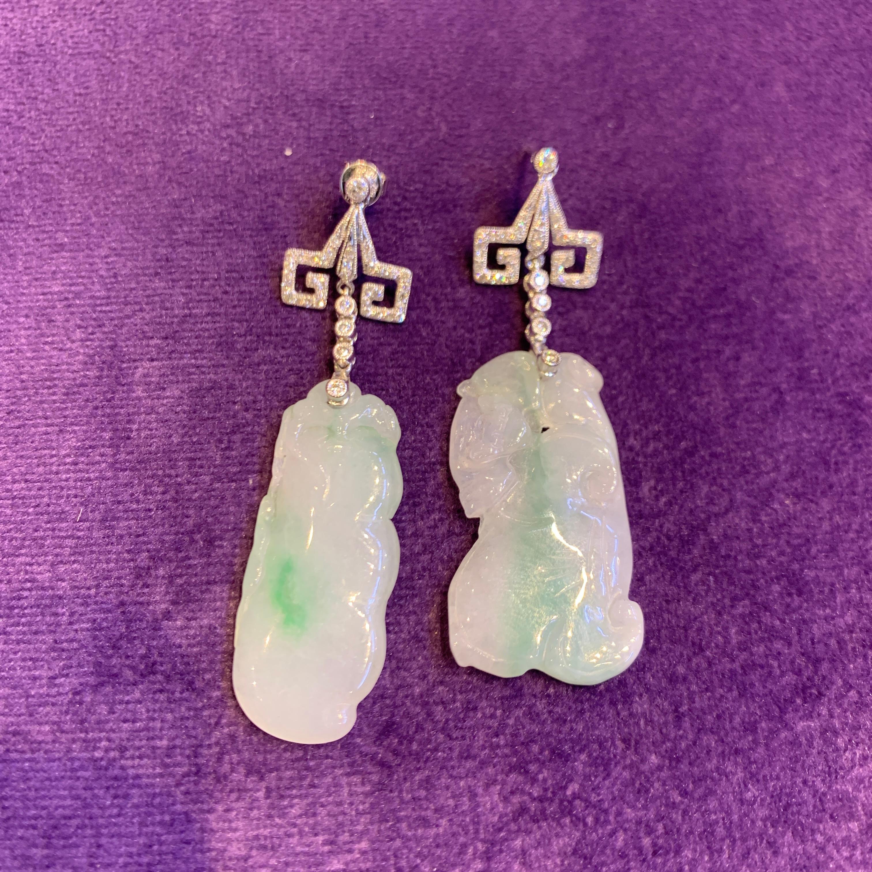Carved Jade & Diamond Earrings For Sale 4